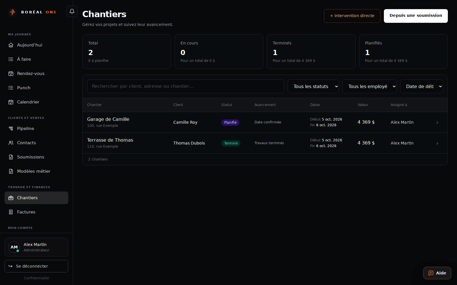 Planifier et suivre un chantier — interface avec données fictives