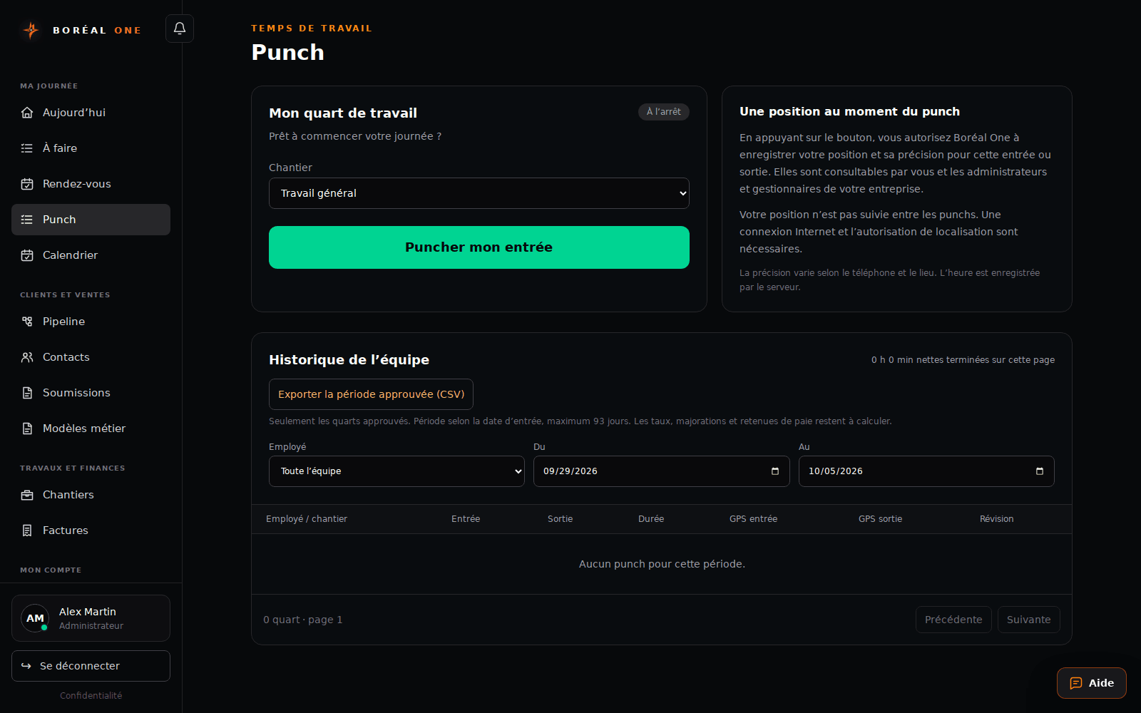 Enregistrer les heures de travail — interface avec données fictives