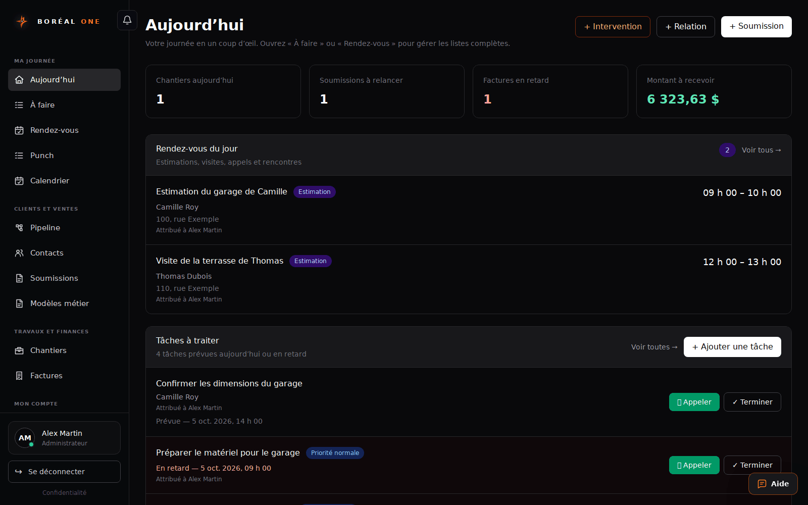 Boreal One dashboard with fictional data